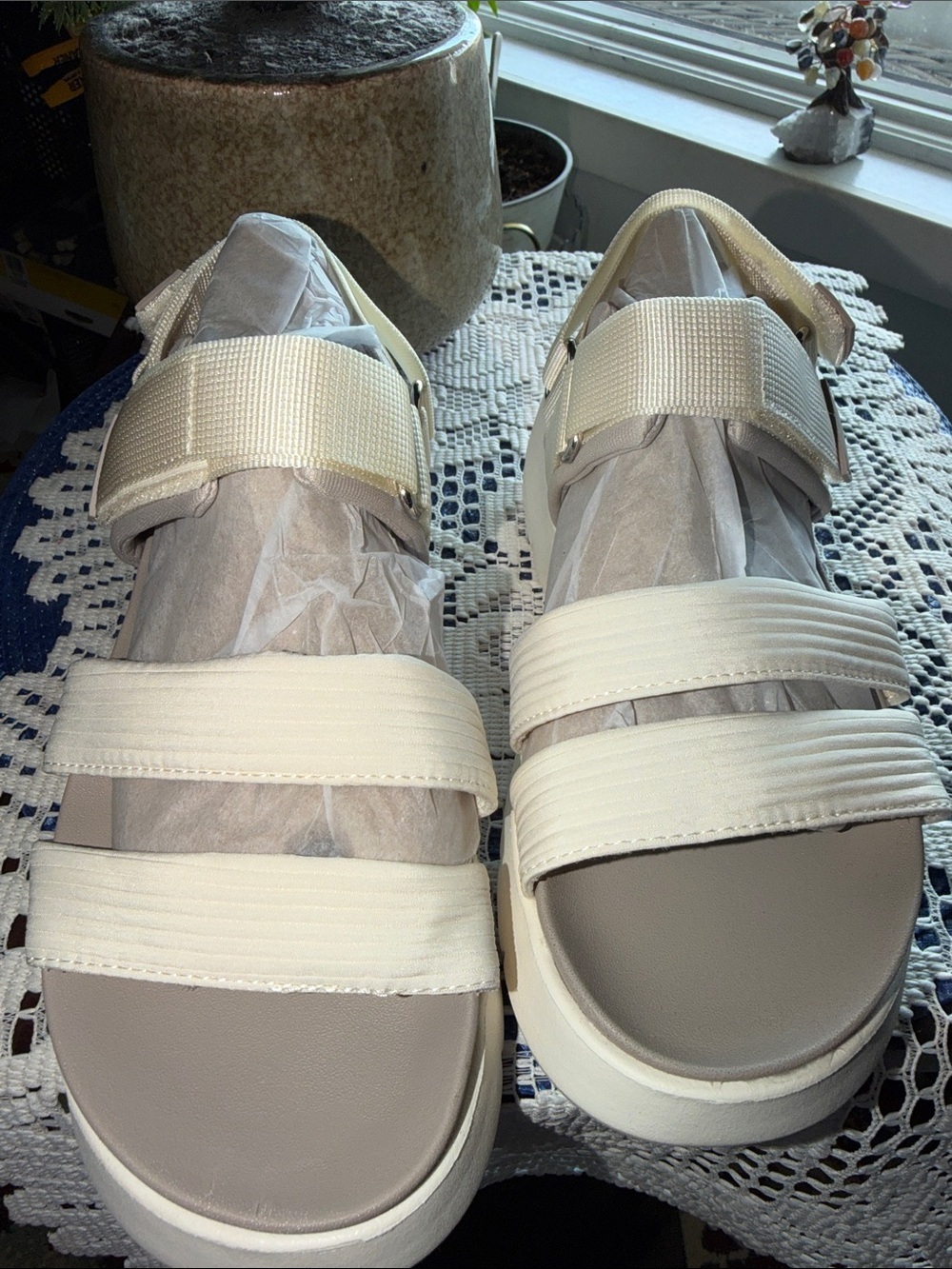 Ryka Ivory and Light Gray Platform Sandals with Adjustable Straps